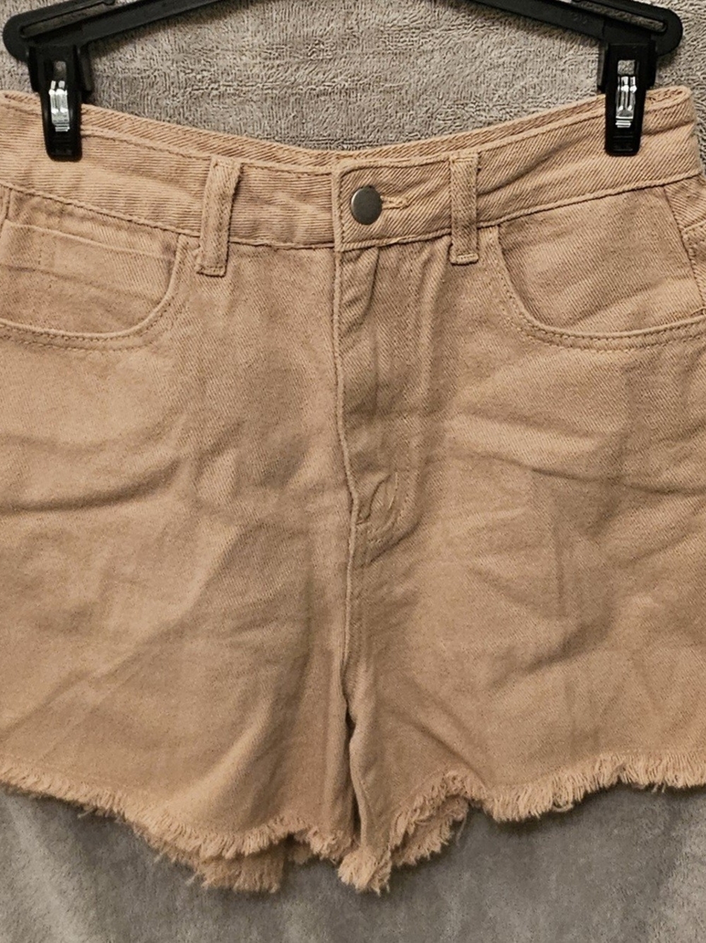 Casual High-Rise Tan Jean Shorts with Frayed Hem